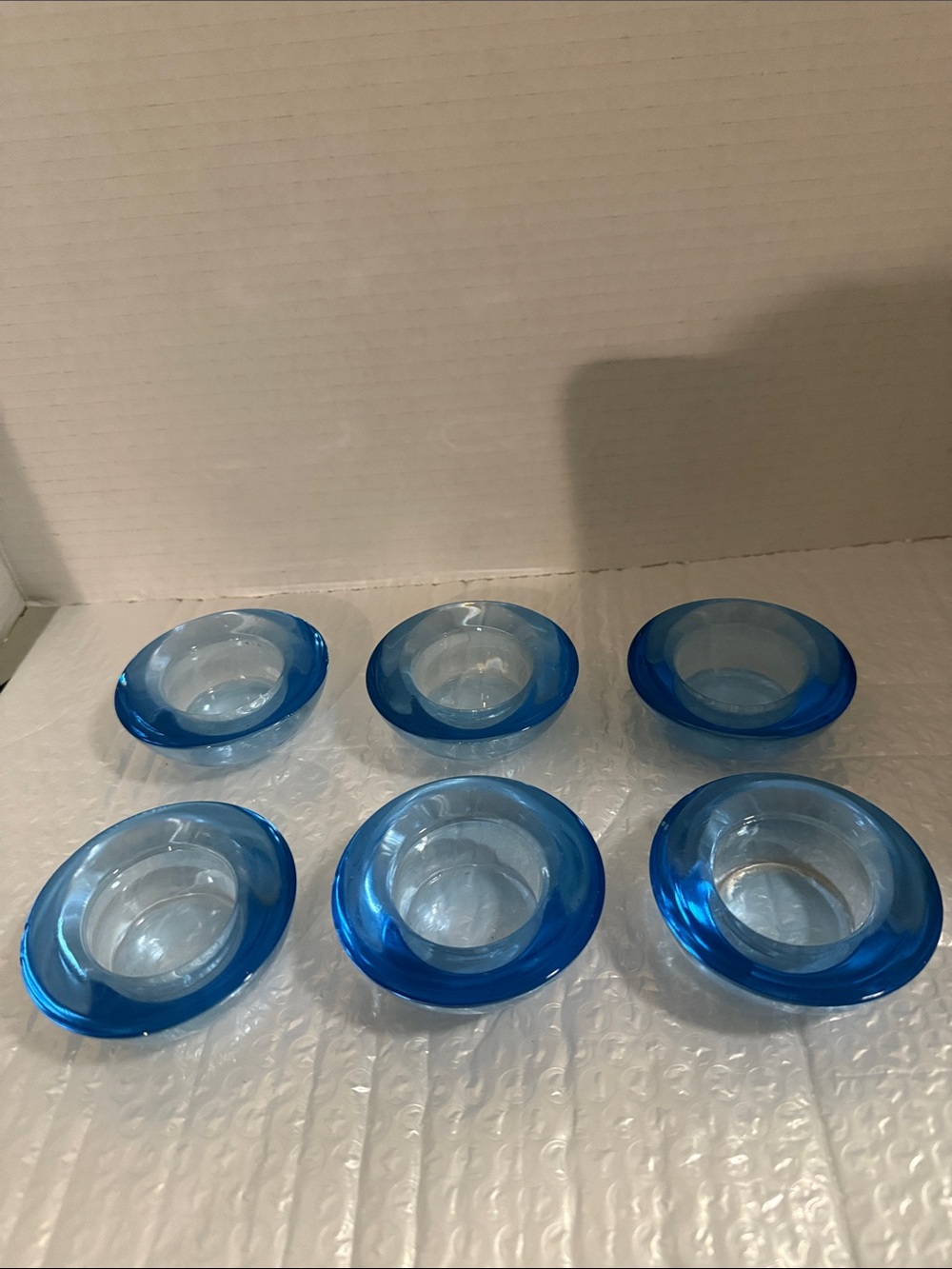 Set of 6 Small Blue Glass Tea Light Candle Holders
